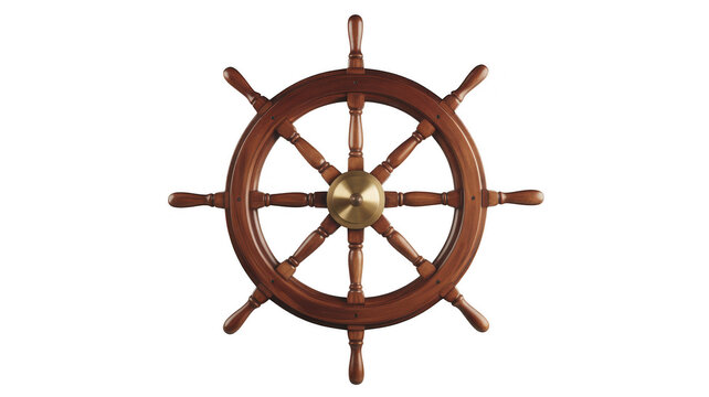 Vintage wooden ship steering wheel with brass hub isolated on transparent background