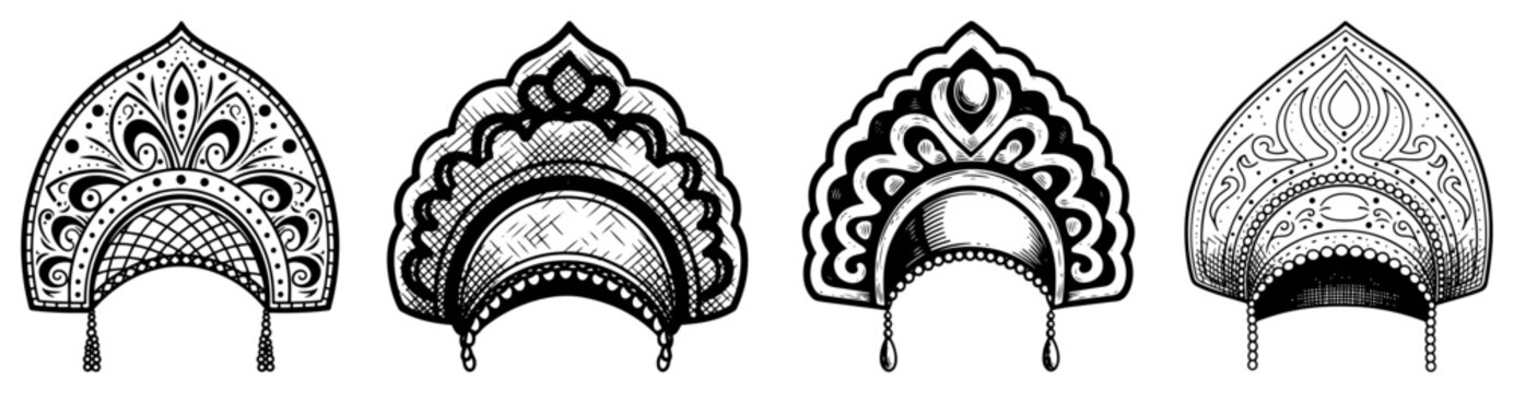 Set of ornate traditional Russian kokoshnik headpieces with decorative patterns in engraving style