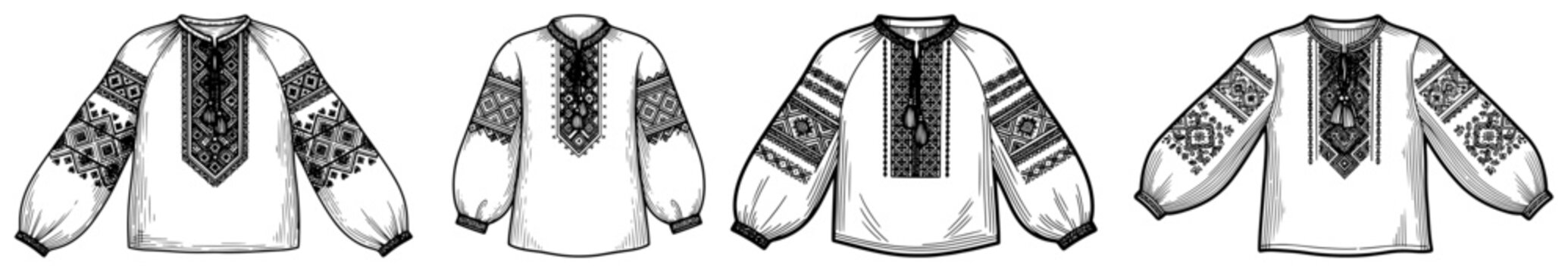Collection of traditional Eastern European embroidered shirts with ethnic patterns in woodcut style