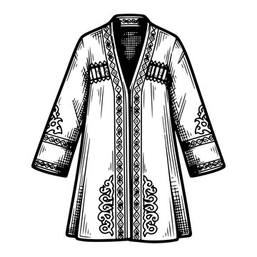 Traditional Caucasian chokha coat with ornate embroidery and patterns in woodcut engraving style