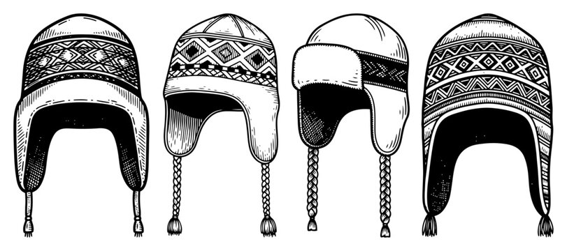 Set of traditional Andean chullo hats with earflaps in vintage hand drawn engraving style