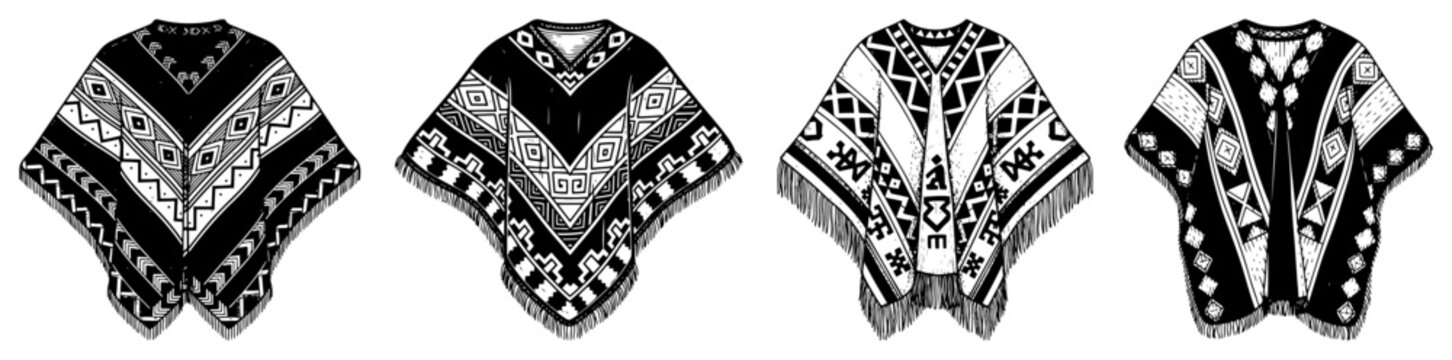 Collection of traditional South American ponchos with geometric patterns in woodcut engraving style