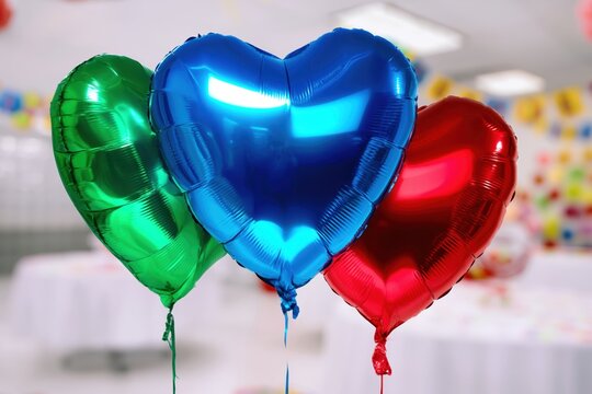 Green, blue, and red metallic heart balloons with ribbons in a sharply focused party room with confetti.