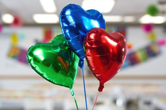 Green, blue, and red metallic heart balloons with ribbons in a sharply focused party room with confetti.