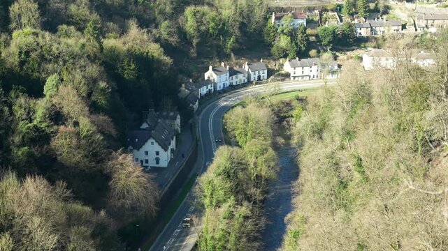 View of countryside road into Matlock town, charming Peak District countryside