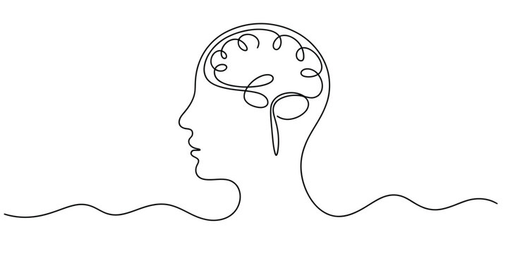 A single continuous line drawing of a human profile with a stylized brain inside the cranium area