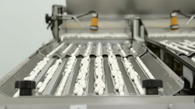Close-up footage of capsules being automatically counted and dispensed into bottles on a pharmaceutical production line. High-speed counting system ensures precise dosage and packaging in a sterile, c