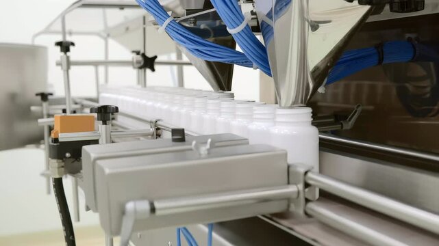 Close-up footage of capsules being automatically counted and dispensed into bottles on a pharmaceutical production line. High-speed counting system ensures precise dosage and packaging in a sterile, c