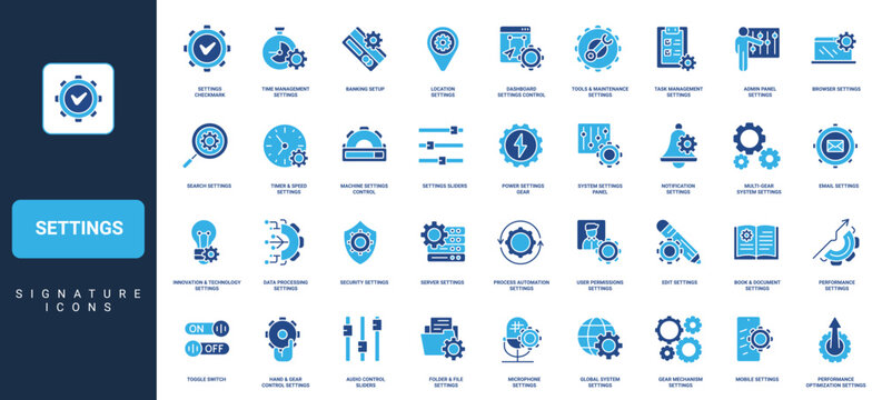 Settings of system, app and software, operation control panel and setup, modification glyph icon set. Productivity, automation process, gears of mechanism solid symbols vector illustration