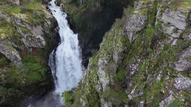 Waterfall Of Toxa In Silleda, Spain - Aerial Drone Shot