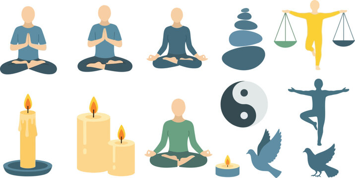 Yoga poses represent mindfulness and physical health alongside balancing stones and peaceful birds.