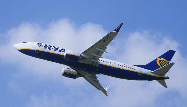 Ryan air airplane taking off from international airport