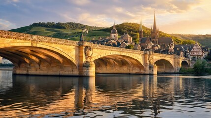 Fototapeta premium Classical stone bridge with arches spanning a river toward a medieval European old town with half-timbered houses and church spires.