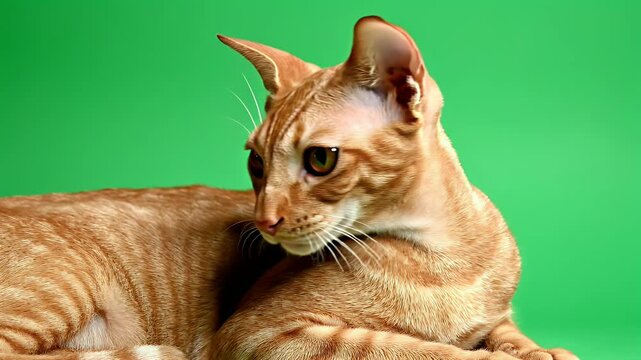 A striking orange-furred cat with large ears rests gracefully against a vibrant green screen, showcasing its elegant posture and captivating gaze.