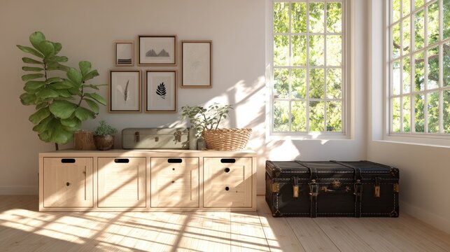 Bright interior space features wooden storage unit decorated with framed artwork and lush greenery illuminated by sunlight