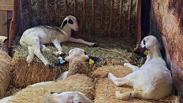 Sheep resting on straw bales and chewing hay inside a wooden pen at a farm fair or agricultural setting
