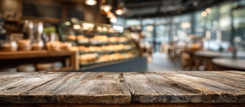 Empty rustic wooden table with blurred cafe interior and bakery display in background
