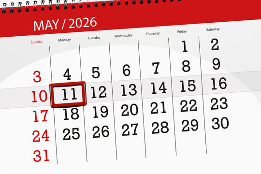 Calendar 2026, deadline, day, month, page, organizer, date, May, monday, number 11