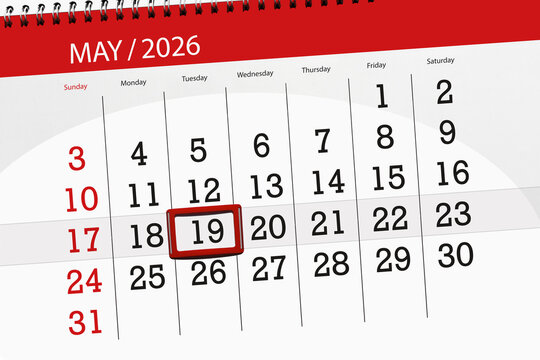 Calendar 2026, deadline, day, month, page, organizer, date, May, tuesday, number 19