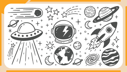 Large Collection of Hand Drawn Space Doodles Featuring UFO, Rocket Ship, Astronaut Helmet, Planets and Stars Galaxy Vector Illustration Set for Kids Design © Shammi