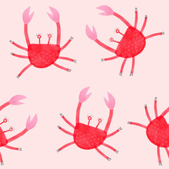 Seamless Vector Pattern With Funny Carbs. Red Crabs On A Pastel Pink Background. Seamless Children's Wallpaper Featuring Hand-drawn Red Crabs Ideal For Kids' Products. Fully Layered And Editable.