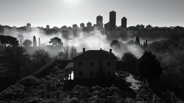Black and white aerial view of a building shrouded in fog with a city skyline in the background