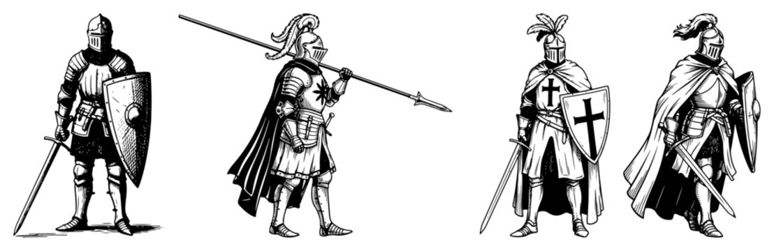 Medieval knight warriors in full armor with sword and shield engraving style set