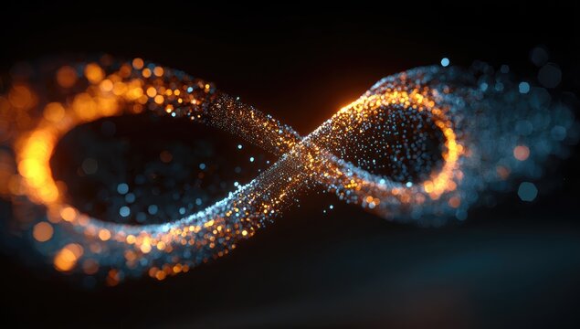 Glowing particles form an infinity symbol against a dark background, abstract and futuristic