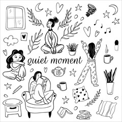 Obraz premium A collection of black-and-white illustrations depicting various aspects of peaceful enjoyment of life. Peace, tranquility, silence, enjoyment