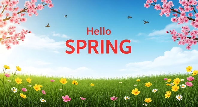 Hello spring hello spring season flowers grass blue sky white clouds birds