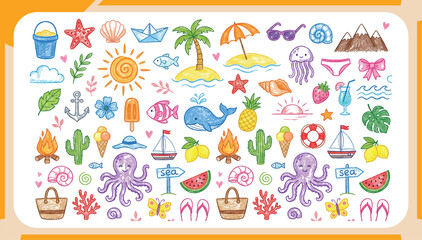 Fototapeta premium Large Collection of Hand Drawn Summer Beach Doodles Featuring Cute Octopus, Whale, Palm Tree, Sun and Tropical Vacation Elements Vector Illustration Set for Kids