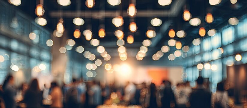 Blurred indoor event with numerous people and warm, glowing bokeh lights