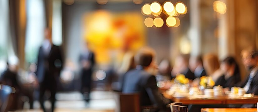 Blurred interior of a bustling restaurant or event hall with people and warm lights