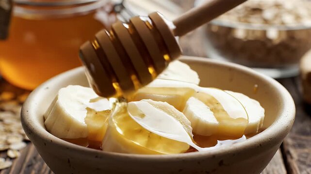 A close-up shot showcases sliced bananas drizzled with honey in a rustic bowl, accompanied by a jar of honey and a sprinkle of oats, creating a healthy and appealing breakfast scene.