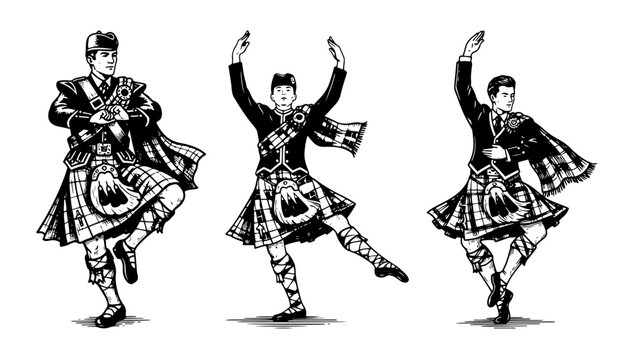 Scottish highland dancers wearing traditional kilts in vintage woodcut engraving style