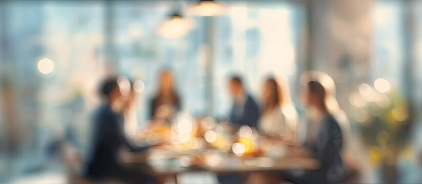 Blurred group of people dining at a table in a bright, modern restaurant setting