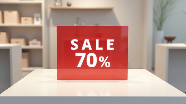 Un cartel de rebajas destacado se coloca en el centro de un soporte de exhibici&oacute;n minimalista con un dise&ntilde;o limpio y sencillo