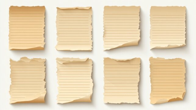 Collection of eight aged, lined paper scraps featuring torn edges and curled corners is displayed against a pale background.