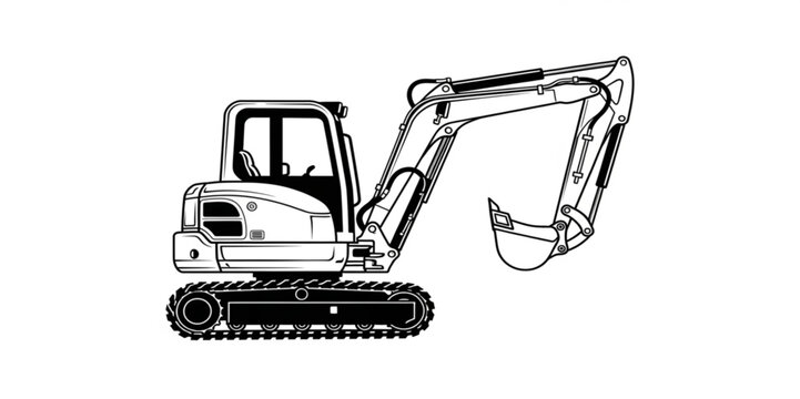 Black and White Vector Illustration of a Mini Excavator
