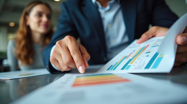 Consultor profesional se&ntilde;alando datos espec&iacute;ficos en un informe detallado