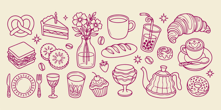 Hand drawn coffee doodles, breakfast food sketches, cafe beverage icons, morning routine illustrations, caffeine lover elements, croissant and coffee art, kitchen table sketches

