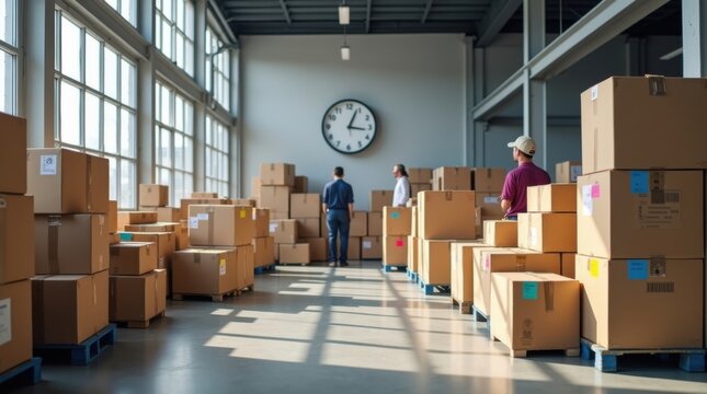 Zona de entrega con paquetes esperando ser recogidos a la hora programada, sincronizaci&oacute;n log&iacute;stica