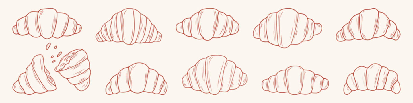 Minimalist vector set of simple various french croissants and pastry icons. Red line hand drawn illustration for sticker, bakery menu, cafe branding, kitchen decor, food design, isolated elements