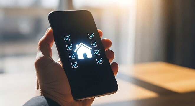 Hand holding smartphone with house checklist on screen mobile phone
