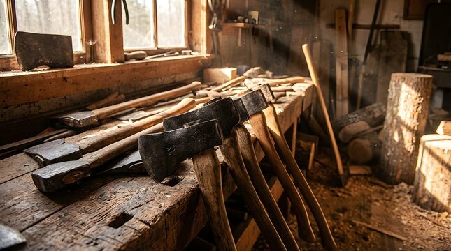 A curated collection of antique forged steel axes with wooden handles displayed in a rustic workshop setting