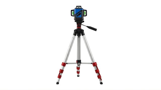 A laser level device mounted on a tripod stands on a transparent background