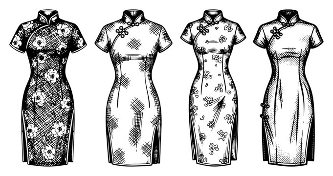 Set of traditional Chinese cheongsam qipao dresses with elegant floral patterns in detailed woodcut style