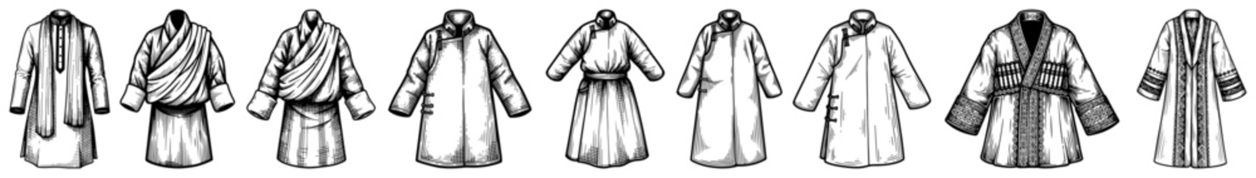 Large collection of traditional Asian robes and tunics in vintage woodcut engraving style
