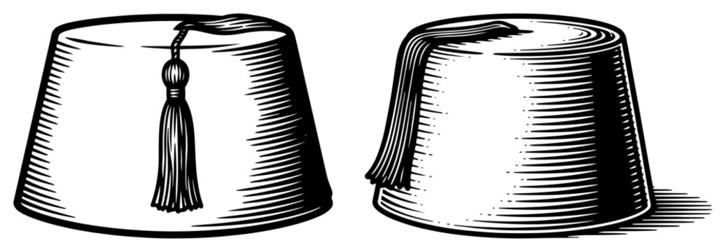 Traditional ottoman fez hats with tassels in vintage woodcut engraving style