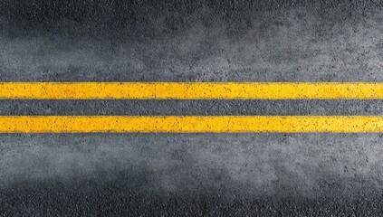 Fototapeta premium Aerial view of fresh asphalt with two parallel yellow road lines